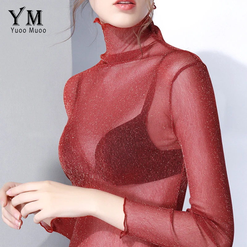 YuooMuoo Sexy Transparent Mesh T Shirt High Quality Women Turtleneck Tops Plus Size Long Sleeve Sheer Slim Ladies Sequin Top