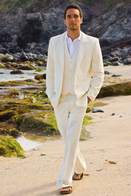 3 Piece Beige Linen Suit Men Blazer Summer Beach Men Suit for Wedding ...