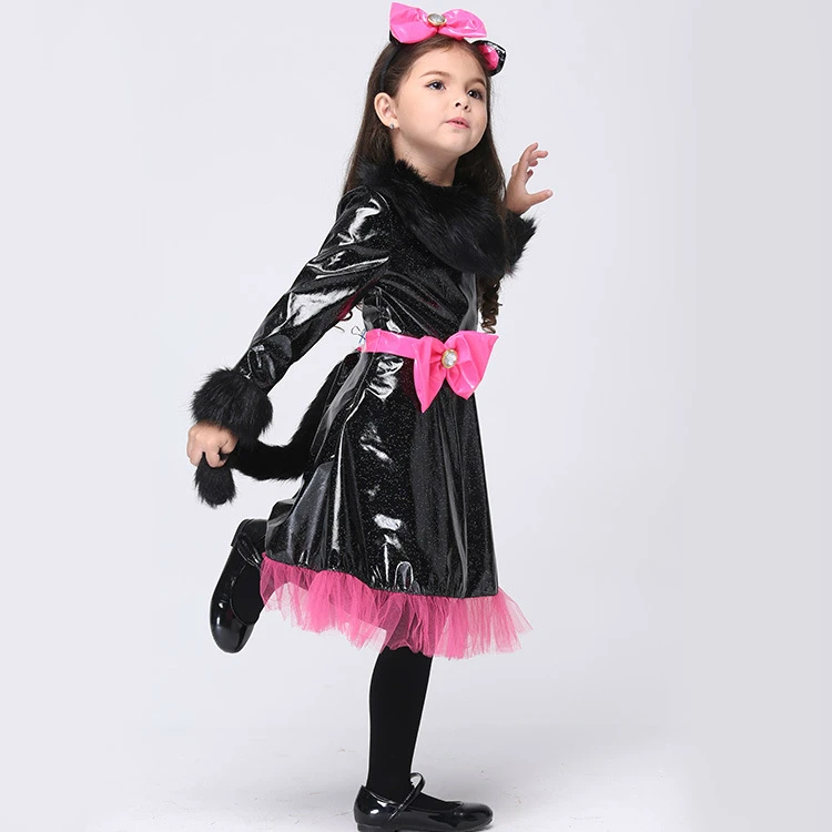 2017 New Halloween Cat Costumes Faux Leather Dress Tail Bow Cap Party