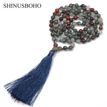

SHINUS BOHO Trendy Women Jewelry Mala Semi-precious Stones Beaded Knotted Long Necklaces Women Color Tassel Pendants Necklace