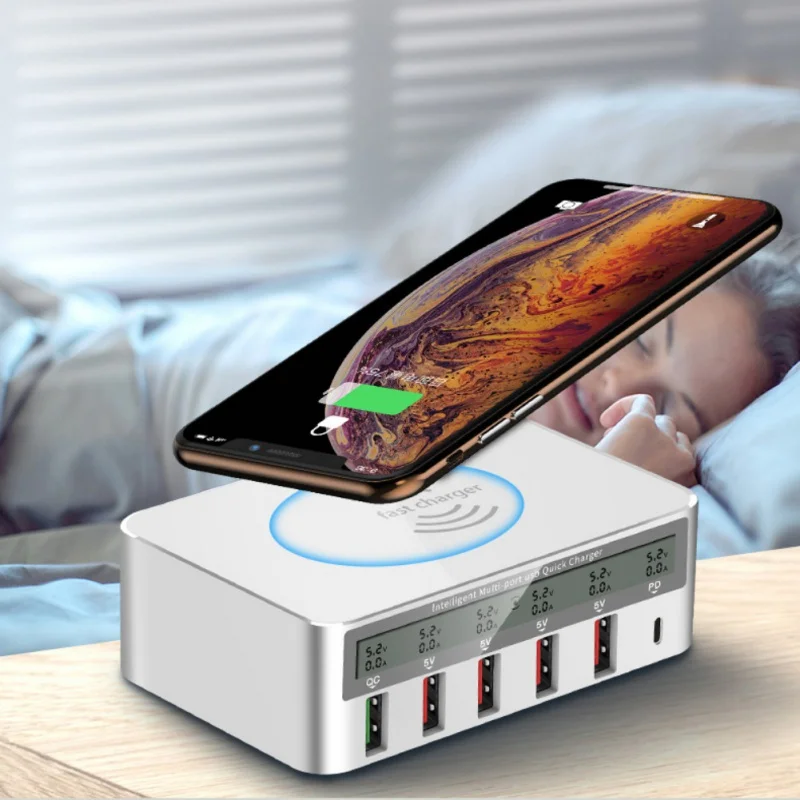 

818f Mobile Phone Wireless Charger Qc3.0 5usb + Type-c + Digital Display Multi-function Charger Fast Charger For Smart Phones