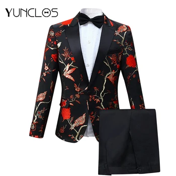 

YUNCLOS Newest Embroidery Suits Men's Slim Fit Suits Fashion Wedding Party Suits 2 Pieces Prom Suits with Pant For Men