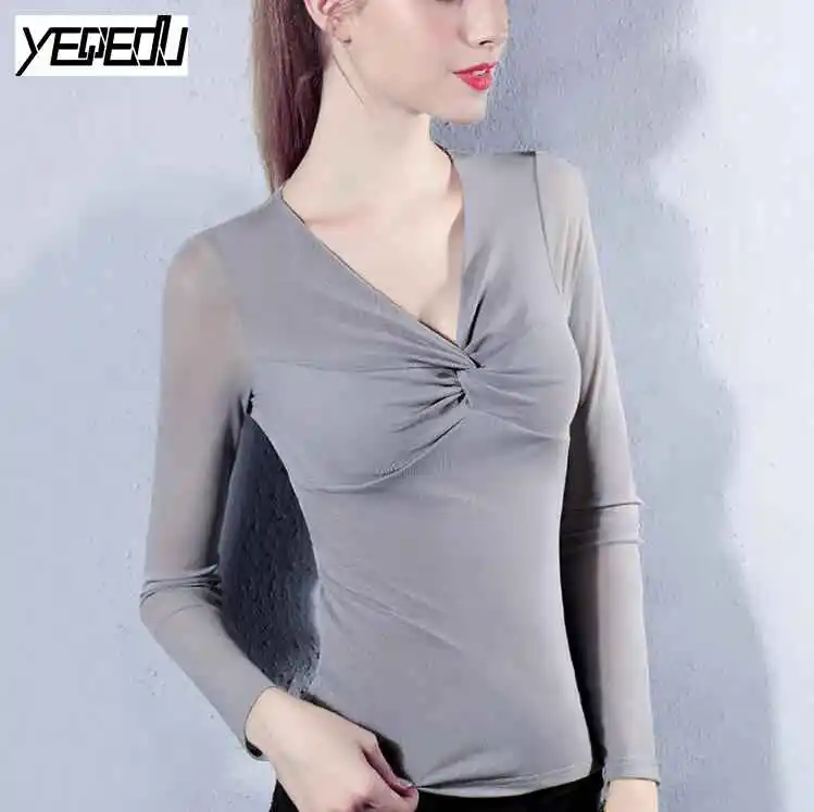 #3811 сплошной цвет Футболка глубокий v-образным вырезом Sexy большой stretch весна/осень