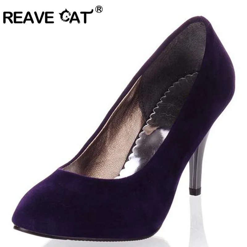 

REAVE CAT Plus size 34-43 Spring summer Women shoes Pointed toe Spool heels Flock sandals Pumps Fashion Sexy Party Purple QL4451