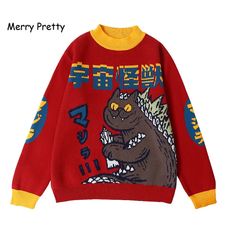 

Merry Pretty Autumn Winter Ladies Thick Warm Sweater Monster Funny Pullovers Knit Jacquard Turtleneck Jumper Women Red Knitwear