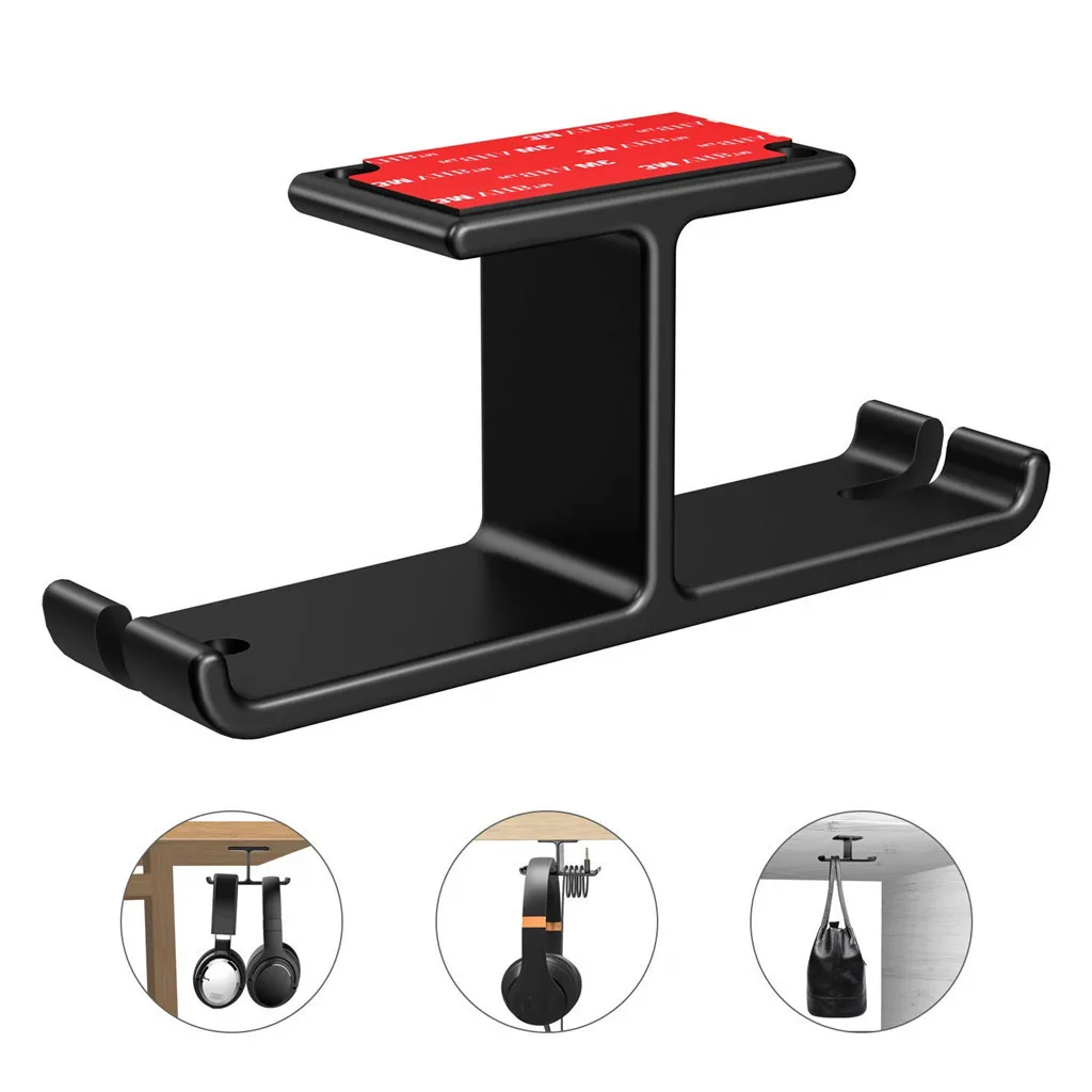 Aluminum Headphone Stand Hanger Hook Tape Under Desk Dual Headset Mount