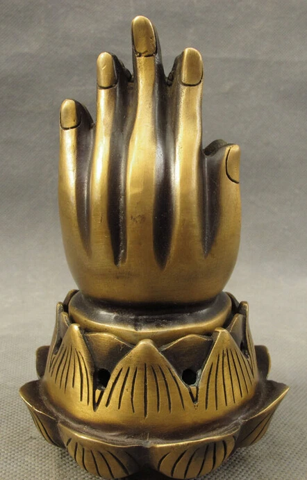 

S3818 Chinese Bronze Buddhism Lotus Kwan-yin Buddha Hand Statue Incense Burner Censer D0317