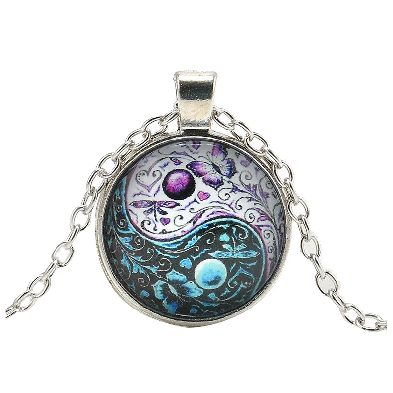 Винтажная Ying Yang бабочка кабошон стеклянная подвеска на серебряной цепочке