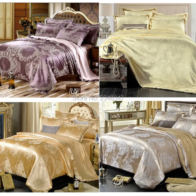 Quality Luxury 4Pcs Satin Cotton Jacquard European Style Twin/Full/Queen/King Size Bed Quilt/Duvet Cover Set Gray Golden Beige