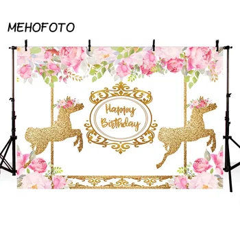 

MEHOFOTO Pink Flower Children Photography Background Carousel Girl Birthday Party Banner Photobooth Photographic Backdrops