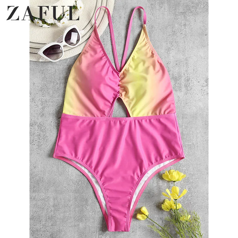 

ZAFUL Cross Back High Cut Women One Piece Swimwear Deep V Neck Sexy Swimsuit Beach Bathing Suit Backless Monokinis Femme