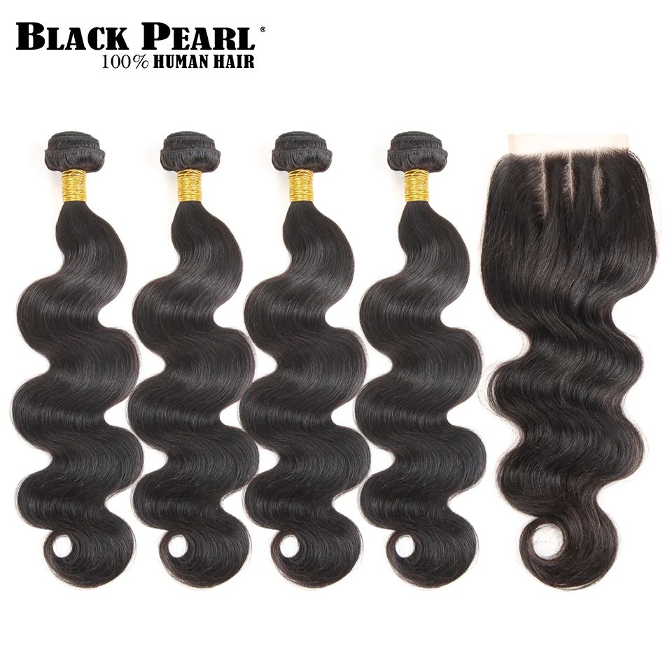 Black Pearl Pre-Colored Body Wave 4 Bundles with Closure Remy Human Hair Extensions Brazilian Hair Weave Bundle 4x4Lace Closure brazilian-body-wave-closure