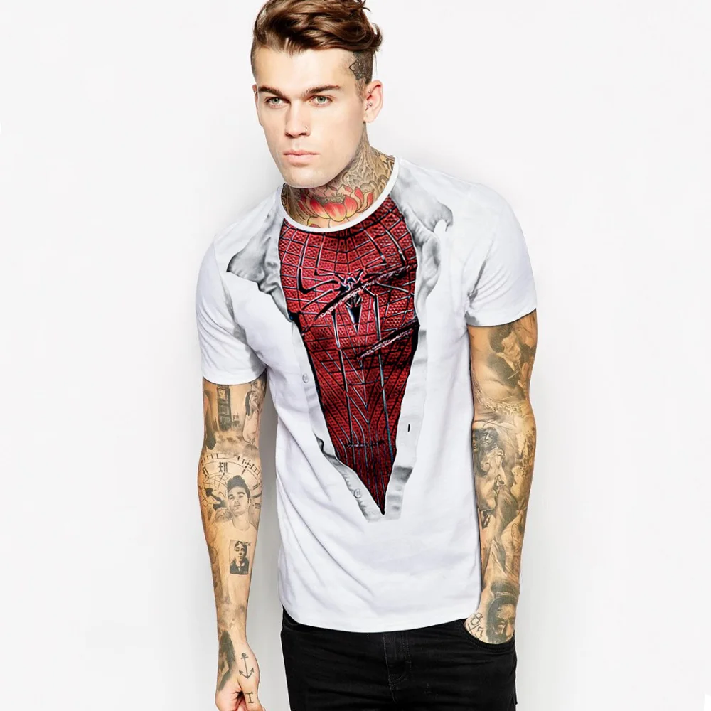 

Men T-shirt O-Neck Sport Blouse Short Sleeve Tees Spiderman Print Man White Shirt Fitness Tops Summer Quick Dry Bottom Sportwear