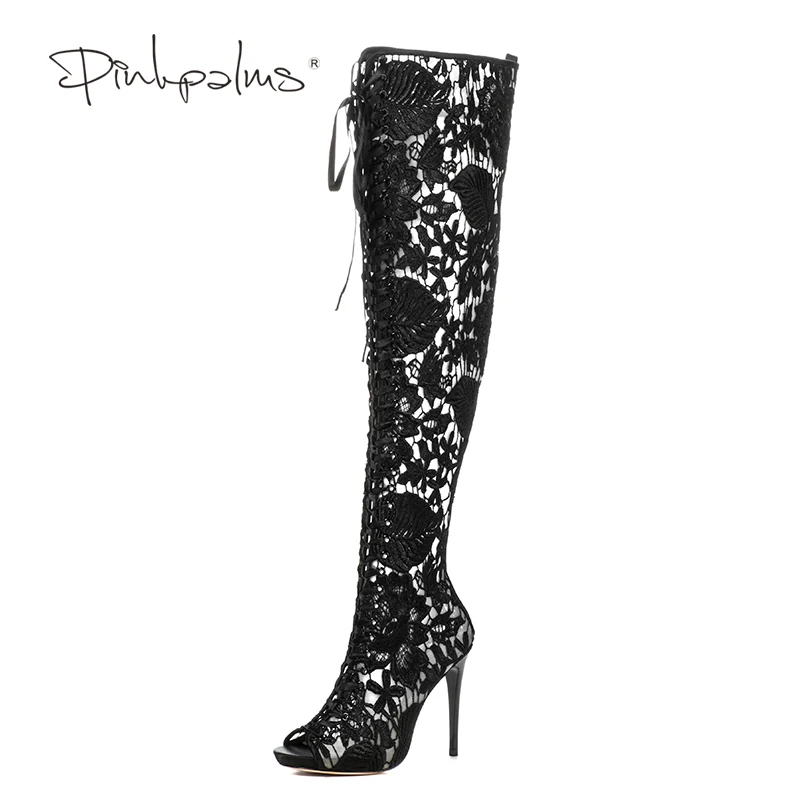 

Pink Palms 2017 Newest Women Boots Summer Sandals Spring Autumn Shoes High heels Open Toe Bud Silk Flower Lace Over Knee Boots