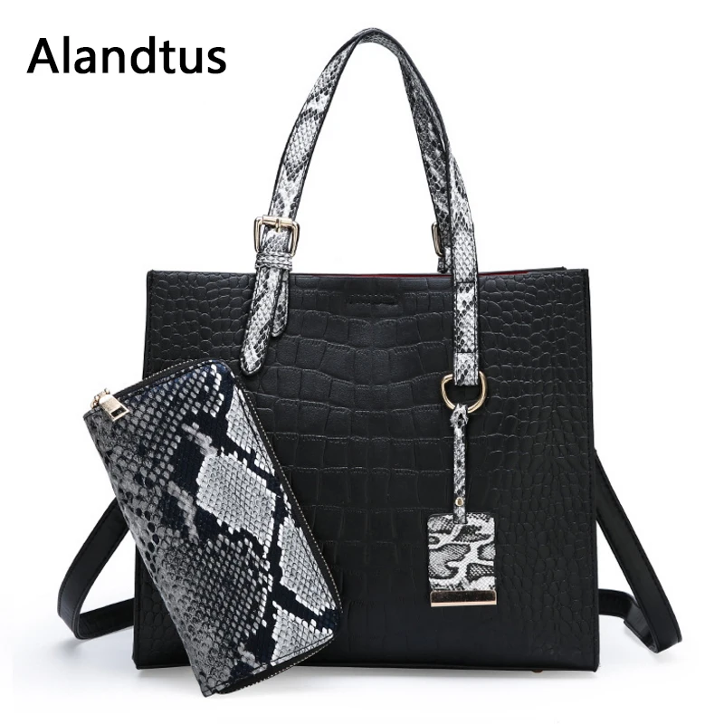 

Alandtus Set 2 Pcs PU Leather Women Bags High Quality Fashion Female Serpentine Handbags Casual Lady Long Leather Card Wallet