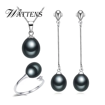 

WATTENS Trendy Pearl Jewelry Sets, 925 Sterling Silver Freshwater Pearl Pendant Necklace/dangle earrings/Ring for women Jewelry