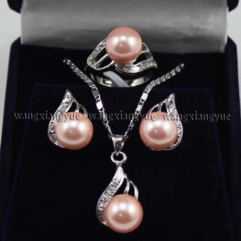

10mm Pink South sea Shell Pearl Earrings Ring & Necklace Pendant Set AAA Grade