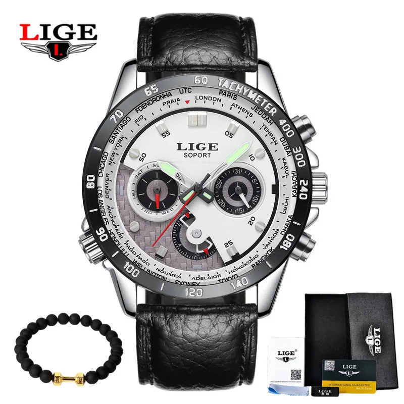 LIGE, модные спортивные мужские часы с хронографом, Топ бренд, Роскошные Кварцевые часы Reloj Hombre, мужские часы - Цвет: leather  white