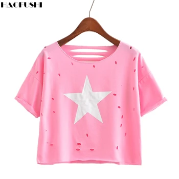 2017 Summer New Brand Fashion Five-pointed Star Print woman T-shirts Casual Hole Female Tops Tees Short Sleeve Casual T Shirts