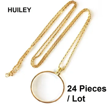 

24 Pieces Hanging Type Magnifying Glass Gift Present Necklace Magnifier Hanging Golden Silver with Metal Chain 5X Light Weight