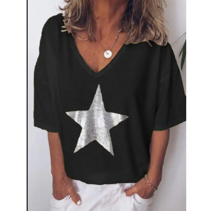 

2019 New Fashion T shirt Women Sequins V-Neck Five-pointed star Tops Tees Female Short Sleeve Street Ladies Plus size code S-5XL