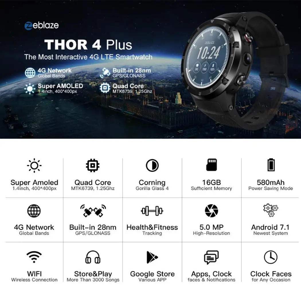 1.4-inch Large Scree GPS Bluetooth 4.0 Heart Rate Monitor Sports Android / iOS 16GB Smart Watch Android 7.1
