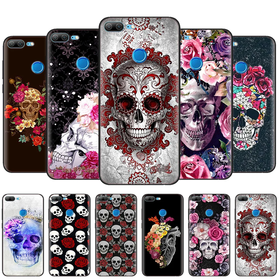 

Black Silicone Case Bag Cover for Huawei Honor 10i Y7 Y6 Y5 Y9 8X 8C 8S 9 10 Lite Pro 2018 2019 Enjoy 9E 9S Floral Sugar Skull