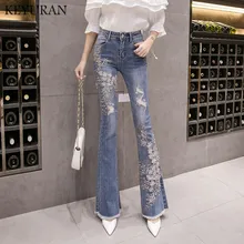 3D вышивка цветок Бисероплетение Жемчуг Джинсы женские расклешенные брюки повседневные эластичные Высокая талия размера плюс джинсовые длинные брюки светильник синий