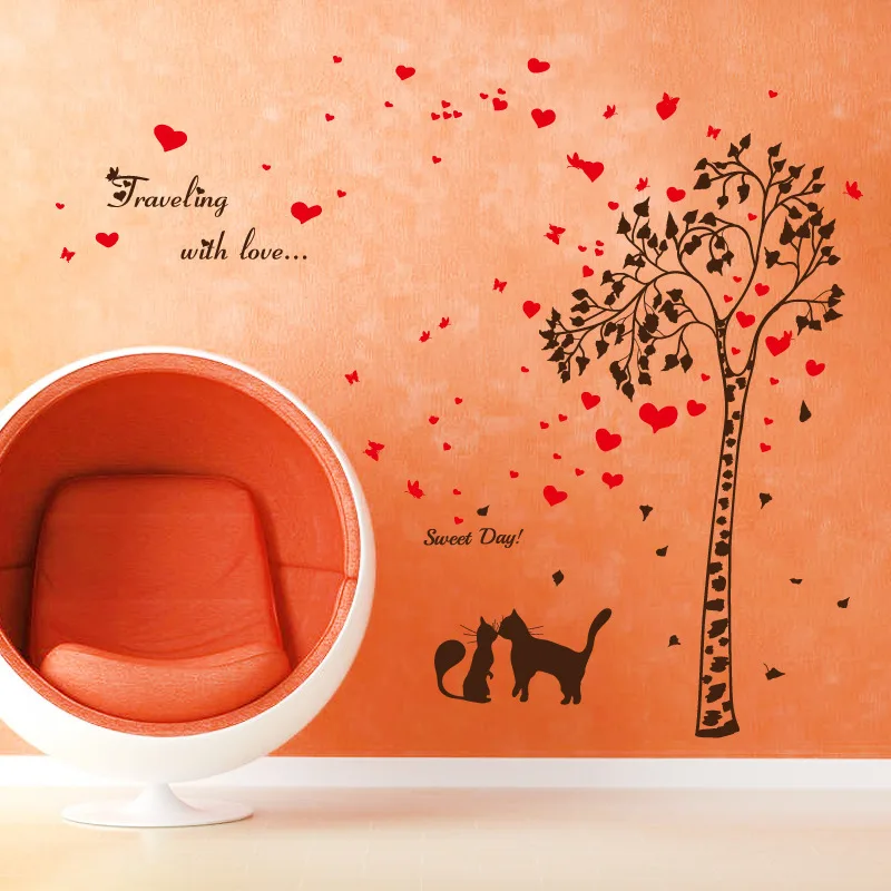 Pareja Gatos árbol de amor etiqueta de la pared TV Fondos pegatinas paredes decoración mural autocollant DIY Decoración para el hogar