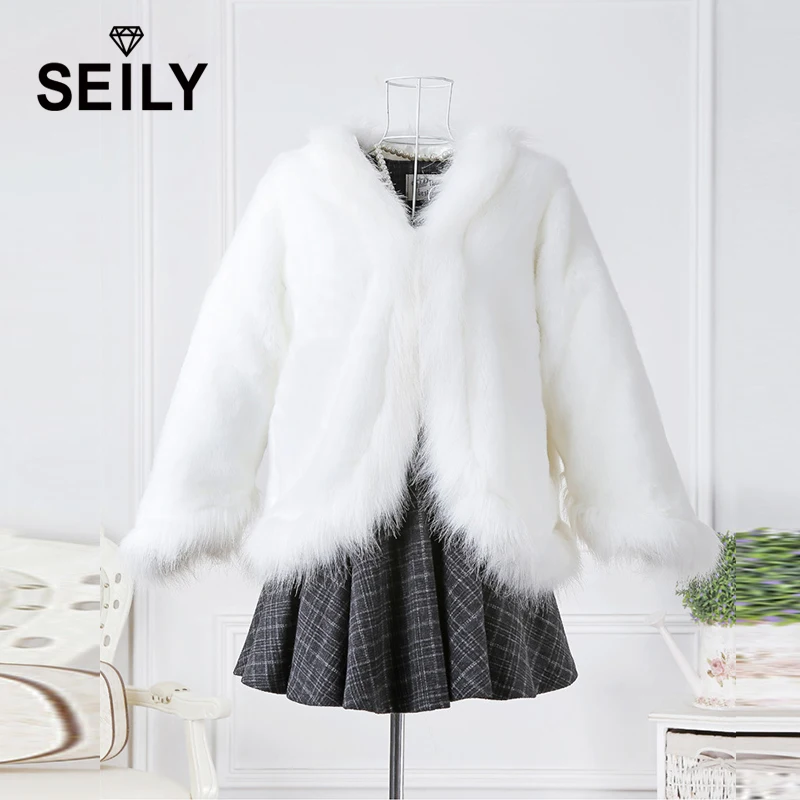 Seily Winter Luxury White Faux Arctic Fox Fur Fluffy Jacket With Fake Rabbit Collar Trim Furry Cape Coat Women Party Bride Cloak