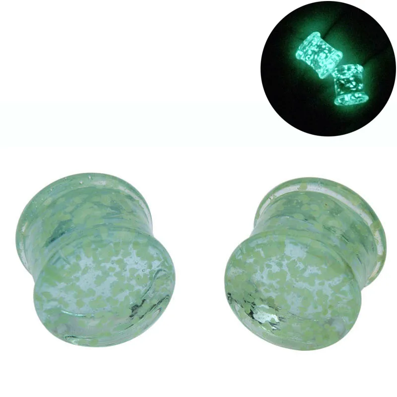 

A Pair Glass Ear Plugs Glass Glow in Dark and Tunnels Green Ear Gauge Expander Glass Ear Stretching Piercings Sexy Body Piercing