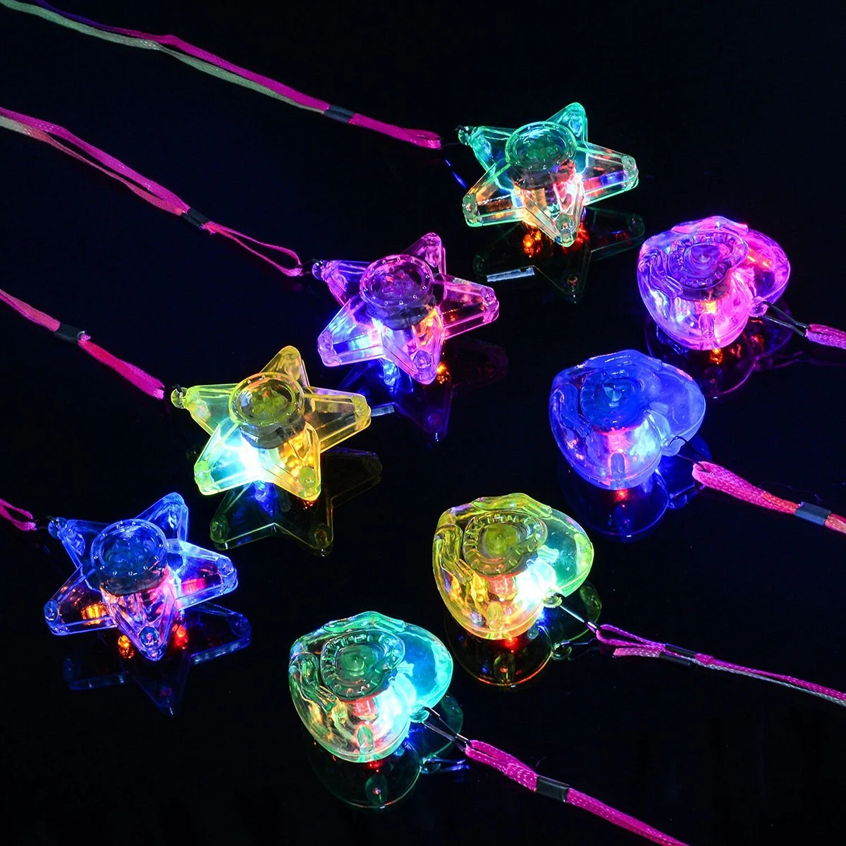 

8PCS Colorful LED Sparkle Plastic Necklace and Shining Pendants (4PCS Pentacle Star and 4PCS Heart Shape)