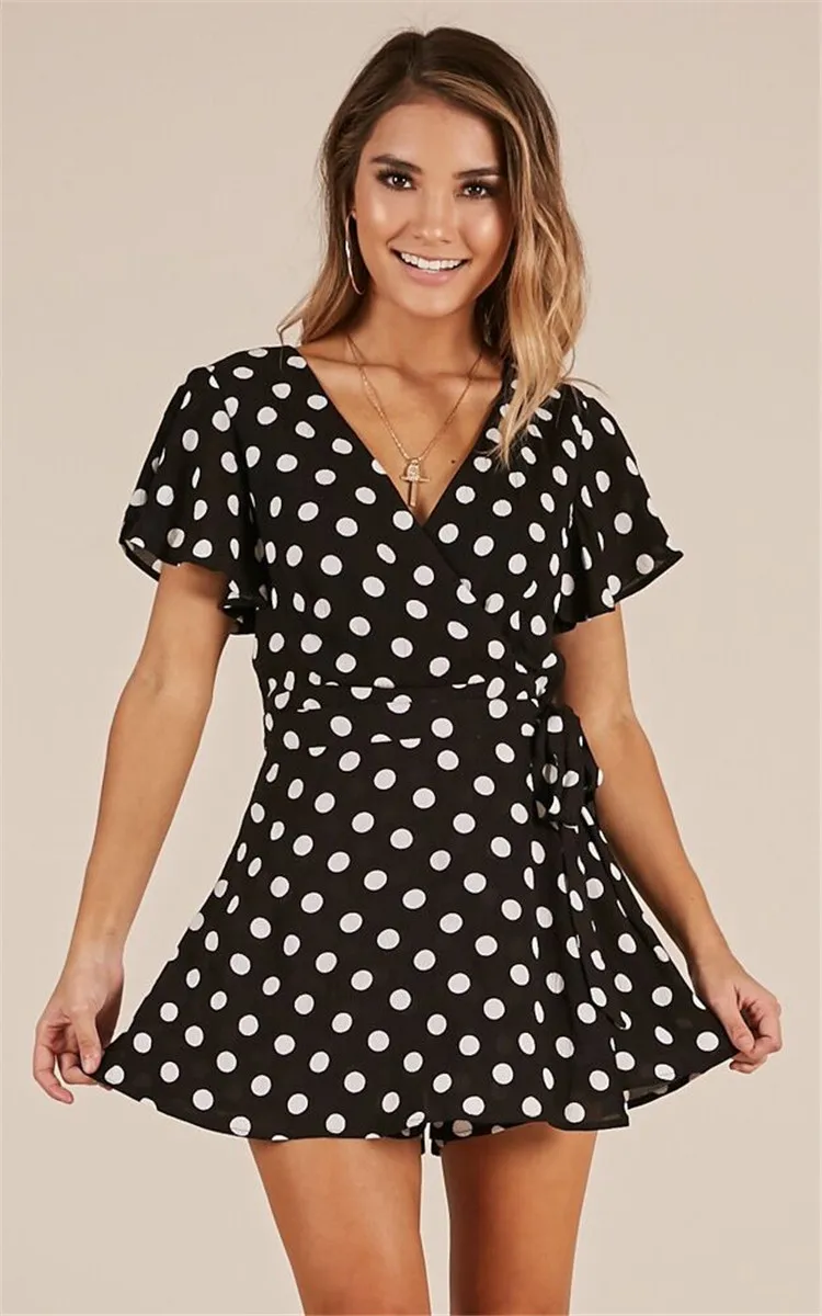 

Bodycon Beach Playsuit Female Dot V Neck Romper Overalls Jumpsuits for Women Short Sleeve Chiffon Summer Streetwear