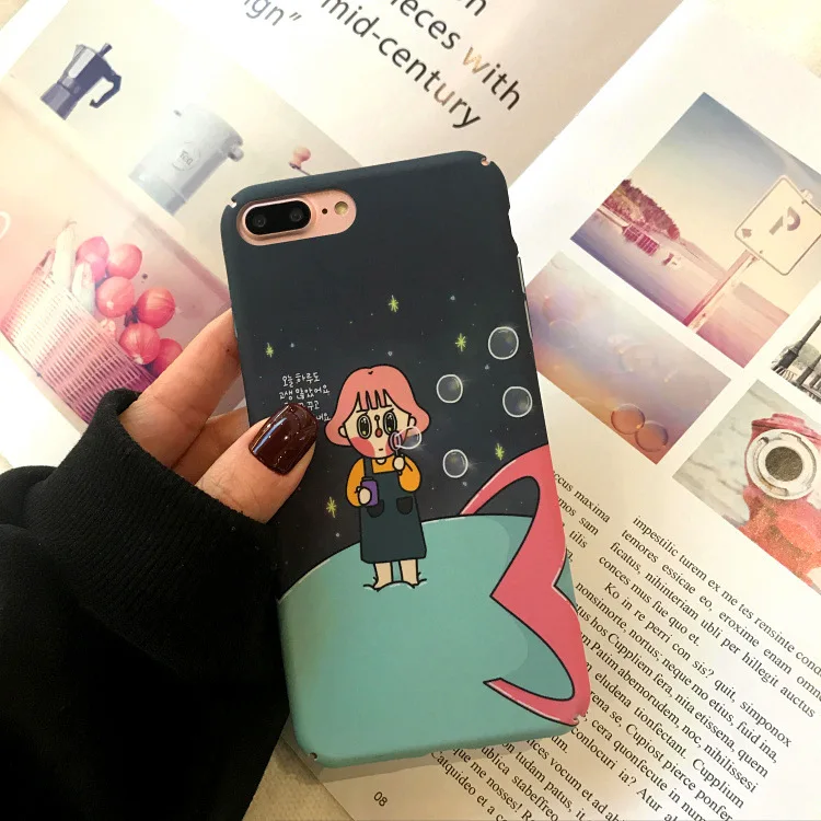 Korean Cartoon Girl Phone Case For iPhone 7 Puls 8 Hard PC Cover Funny Letter Print Couqe iphone X 6 6S Capa |