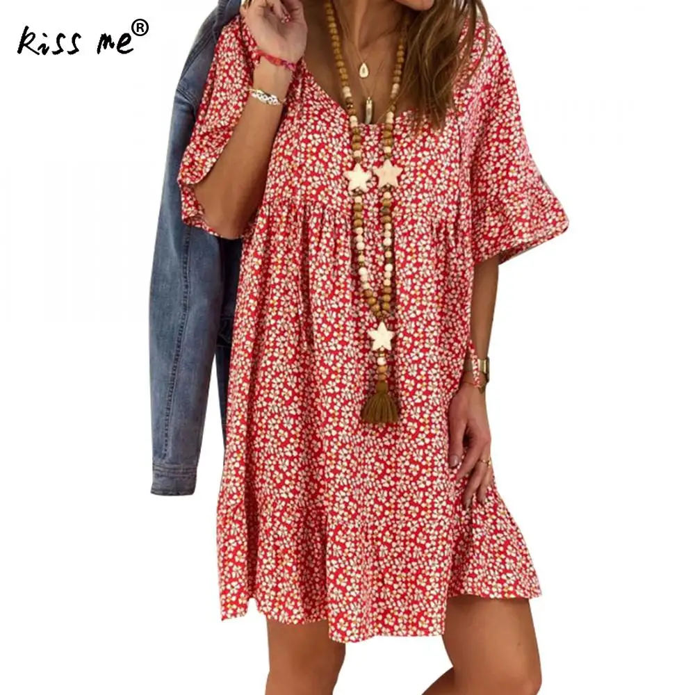

Bohemian Casual Sundress Sexy Print Chiffon Loose Dresses Short Dresses Plus Size 4xl 5xl Folk Style Beach Dress Bikini Cover Up