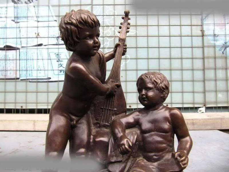 

12"Western Art Pure Bronze Two Boys guitar band statuary on Base Marble Statue