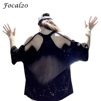 

Focal20 Streetwear Graffiti Off Shoulder Women T-shirt Summer Hollow Out Short Sleeve O-neck Loose T Shirt Tee Top
