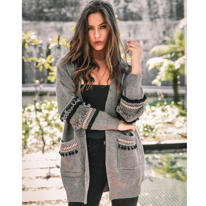

2019 Spring Autumn Womens Fashion Vintage Patchwork Long Sleeve Long Cardigan Warm Sweater Outwear Coats with Pocket Plus size