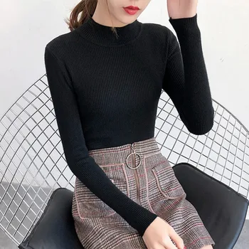 

Women SOLID Knitted Long-Sleeved Bottoming Tops Turtleneck Warm Autumn Round Collar Slim Color Casual 8 COLORS