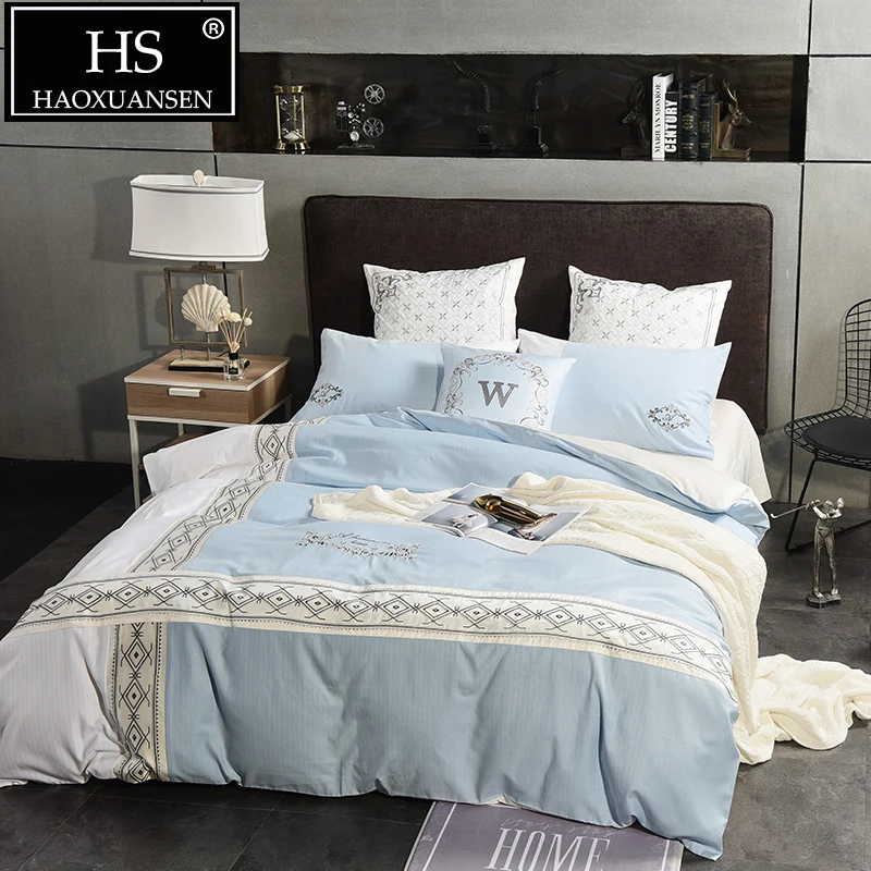Light Blue Geometric Stripes Printed 4 Piece Bedding Set Egyptian Cotton Satin Business Style Bed Linens Queen King Size | Дом и сад