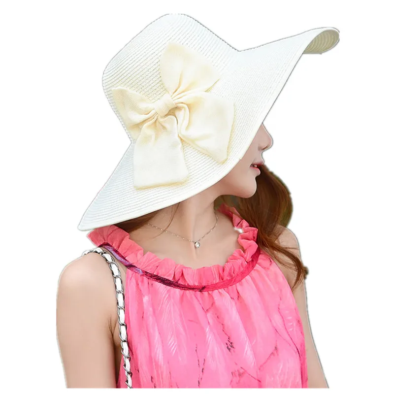 BomHCS летняя Праздничная Женская пляжная соломенная шляпа с широкими полями солнцезащитные шляпы кепки с бантом 17F-314MZ5 - Цвет: Белый