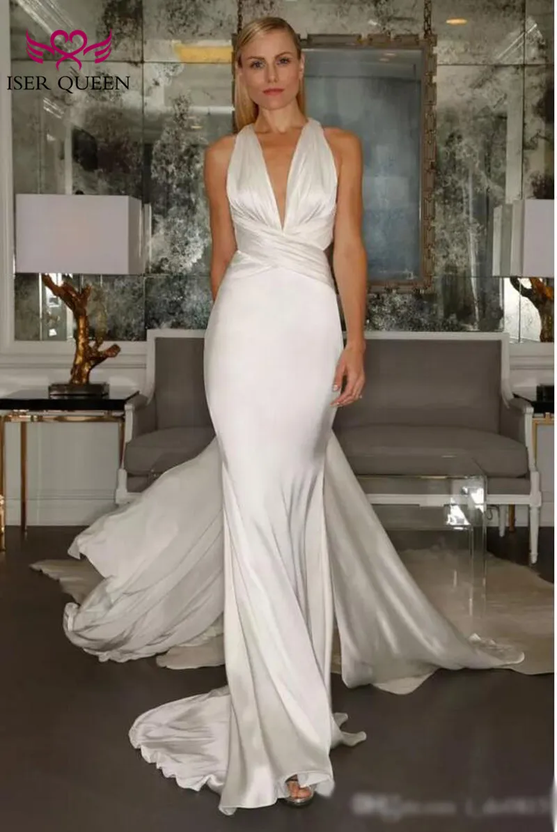 

Europe Simple Design Custom Made bride dress Sexy V neck Criss-Cross Back Elegant Simple Satin Mermaid Wedding Dress 2019 W0279