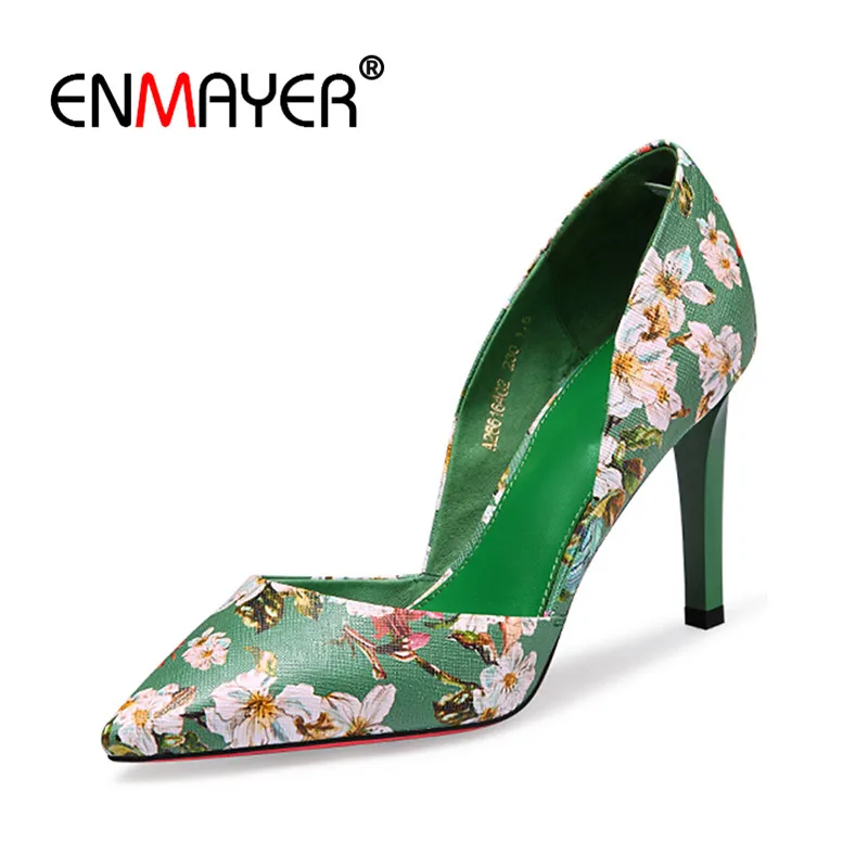 

ENMAYER High Heels Sping&Autumn Women's Shoes New Europe Pointed Toe Printing Genuine Leather Pumps Shoes Woman Platform Shoes