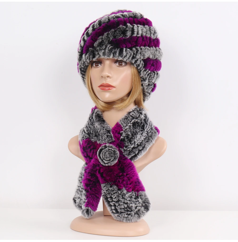 Новинка, женские наборы шарф шапка из натурального меха, зимняя теплая вязаная шапка из меха кролика Рекс, шапки бини, шарфы для женщин, натуральный мех, шапка, шарф