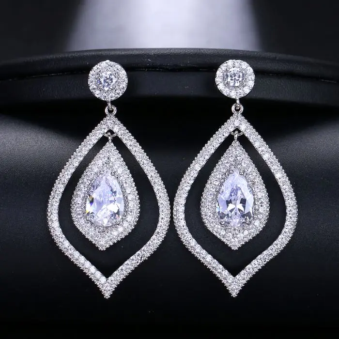 EMMAYA Shiny Leaf Shaped Dangling Big CZ Bridal Silver Black Crystal Long Drop Earrings For Women Wedding Fashion Jewelry Gift - Окраска металла: white