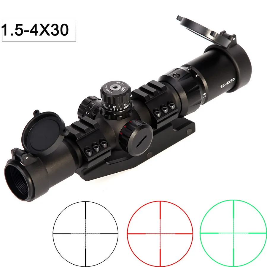 1,5-4x30 Tratical охотничий прицел RGB с подсветкой Оптический прицел Подкова Сетка со смещением ткач крепление кольцо Fit VEG47 T15 - Цвет: common