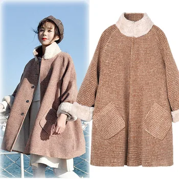 

New Autumn Winter Women Coats Plus Size Fashion Stand Collar Single Breasted Loose Plaid Woolen Blends Coat For Women Outerwear