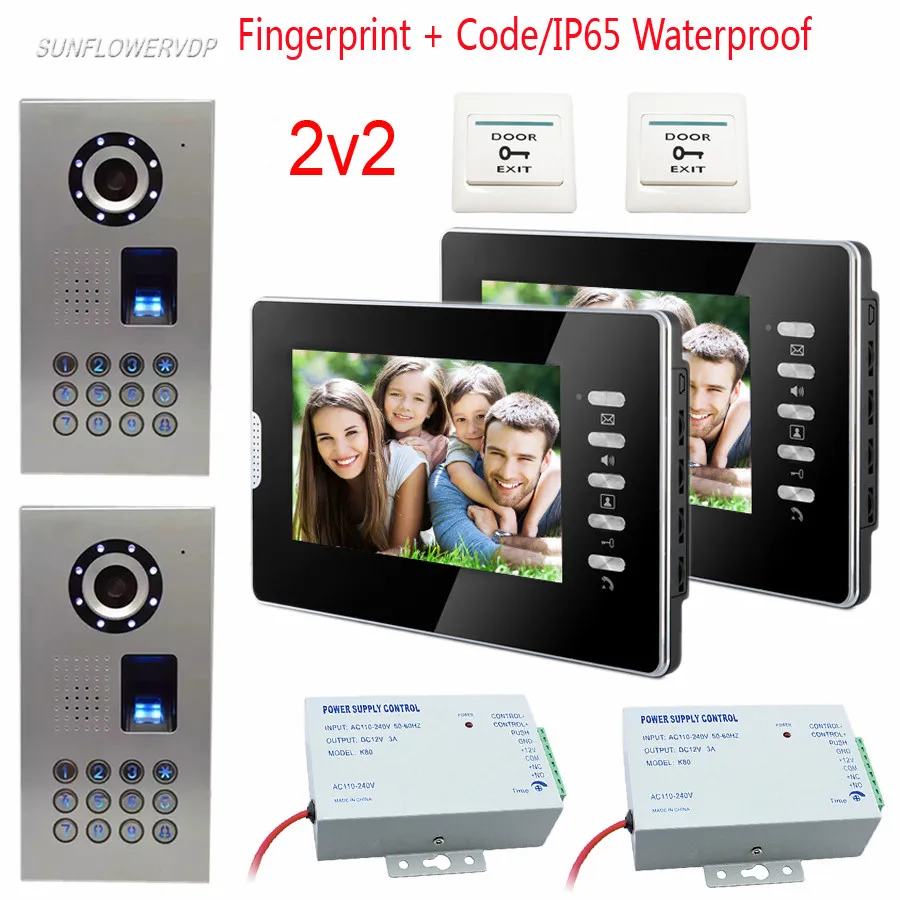 

2V2 Video Door Phone 7 inches Color Monitors Fingerprint IP65 Waterproof Security Camera Wired Video Intercoms Smart House