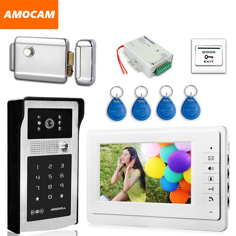 

7" Video Door Phone Intercom Doorbell System Aluminum Alloy Password Camera ID Card+Exit Button+Electronic Door Lock+Power