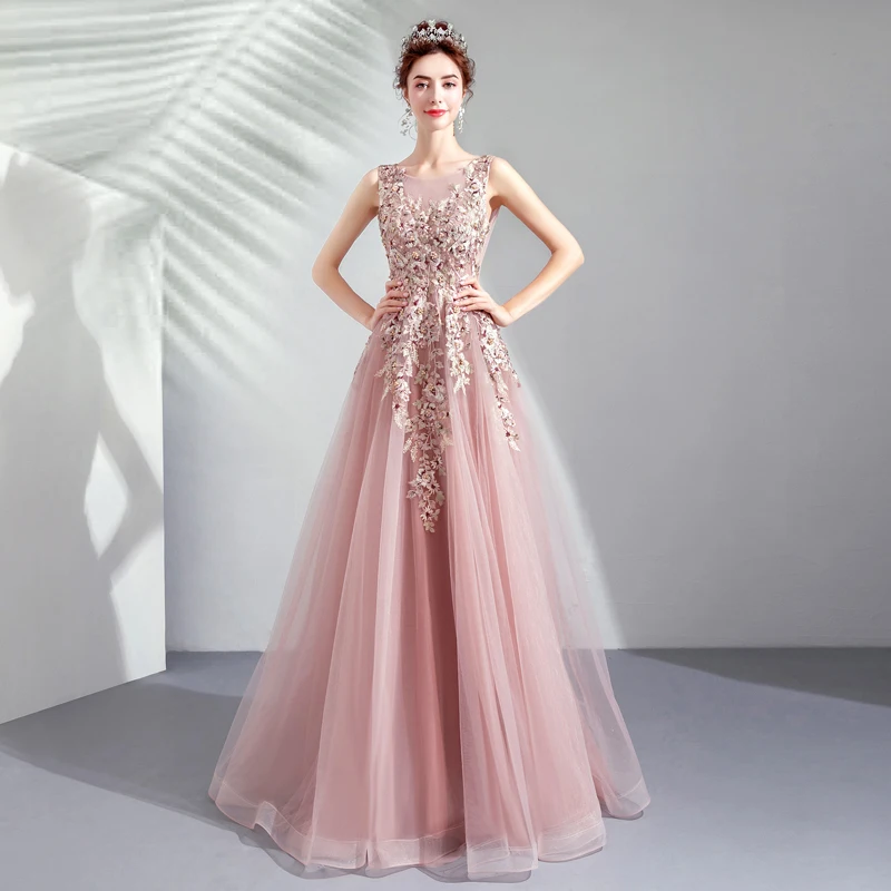

Pink Beading Embroidery Mesh Party Dress Women Sexy High Waist Sleeveless Long Dresses Elegant Applique Big Hemlines Maxi Dress